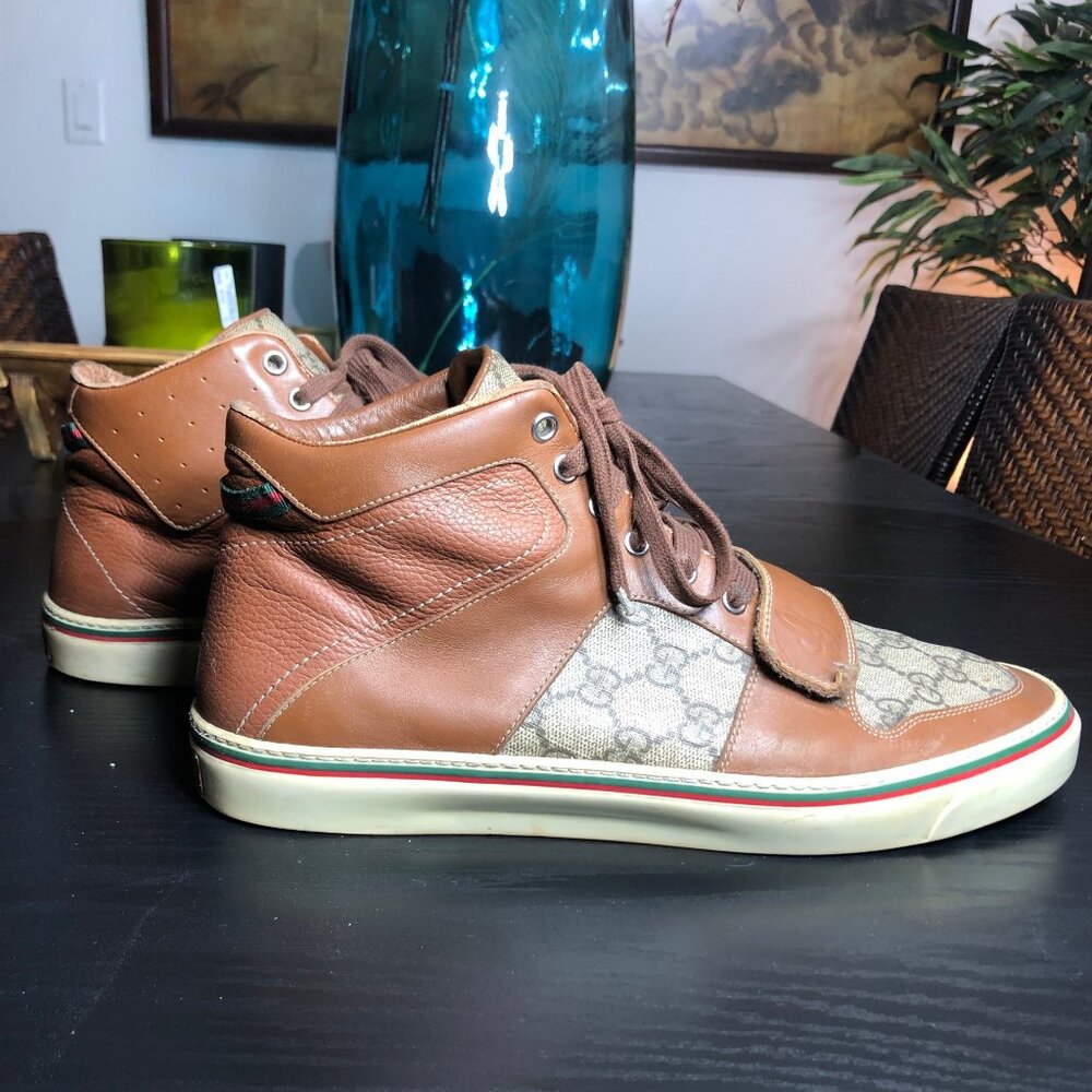 Gucci GG Canvas Leather High Top Sneakers – Brown Monogram – 245310 9.5G US 10.5